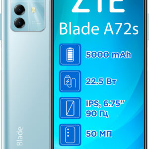  2 - Смартфон ZTE Blade A72s 4/64GB Dual Sim Blue; 6.745 (1600х720) IPS/Unisoc T606/ОЗП 4 ГБ/64 ГБ вбудованою+microSD до 1 ТБ/камера 50+2+2 Мп+5 Мп/4G (LTE)/Bluetooth, Wi-Fi, NFC/GPS, A-GPS, GLONASS, Galileo/ОС Android 12.0/5000 мАч/блакитний