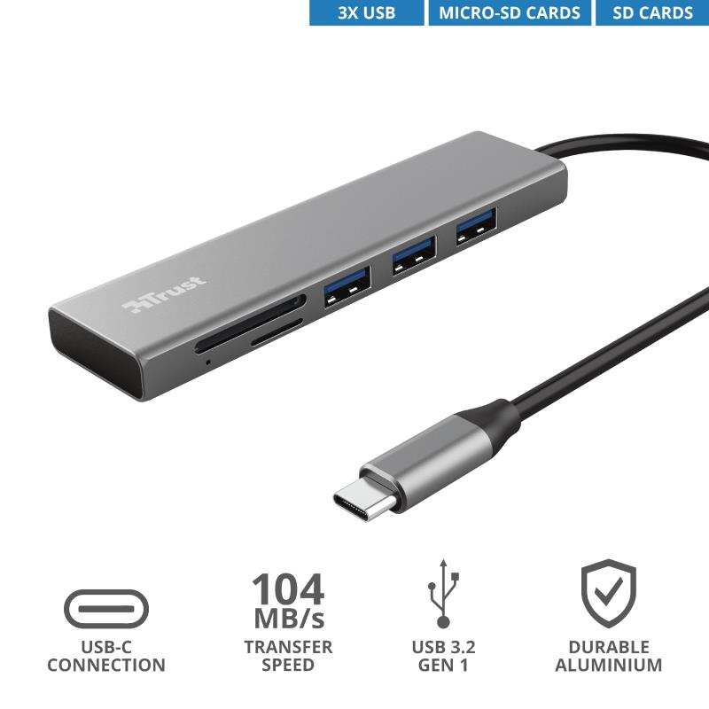  4 - Мультипортовий адаптер Trust Halyx Fast USB-C Hub & Card reader Aluminium (24191)