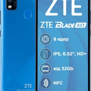  3 - Смартфон ZTE Blade A51 2/32GB Dual Sim Blue; 6.517 (1600х720) TFT/Spreadtrum SC9863A/ОЗП 2 ГБ/32 ГБ вбудованою+microSD до 512 ГБ/камера 13+2 Мп+5 Мп/4G (LTE)/Bluetooth, Wi-Fi/NFC/GPS, A-GPS, GLONASS/ОС Android 11.0/3200 мАч/синій