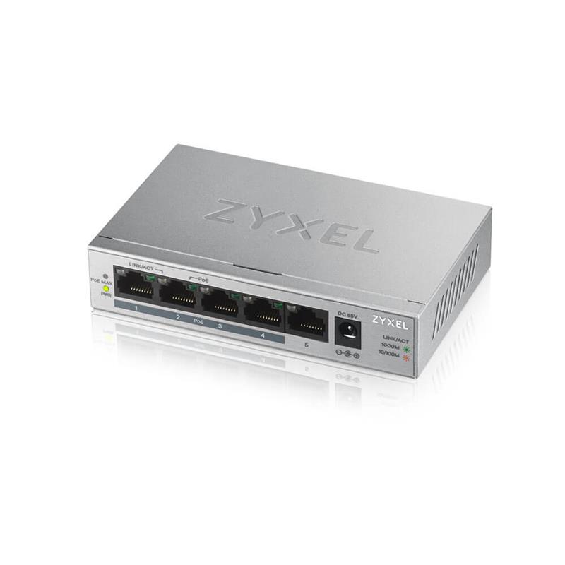  5 - Комутатор ZYXEL GS1005HP (GS1005HP-EU0101F) (1xGE, 4xGE PoE+, max PoE 60W)