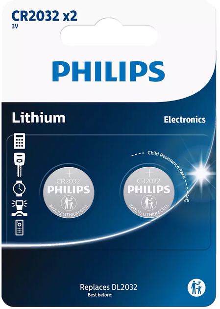  2 - Батарейка Philips CR-2032 bat(3B) Lithium 2шт (CR2032P2/01B)