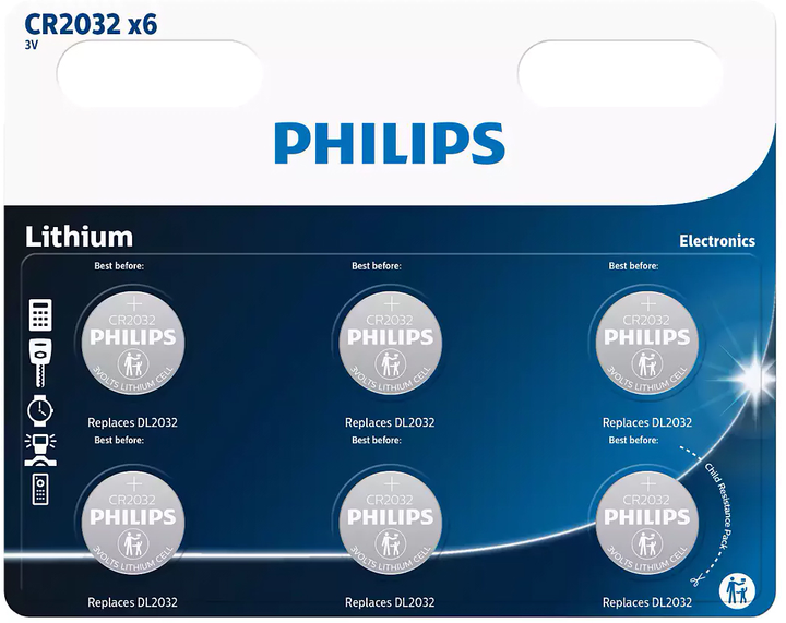  4 - Батарейка Philips CR-2032 bat(3B) Lithium 6шт (CR2032P6/01B)